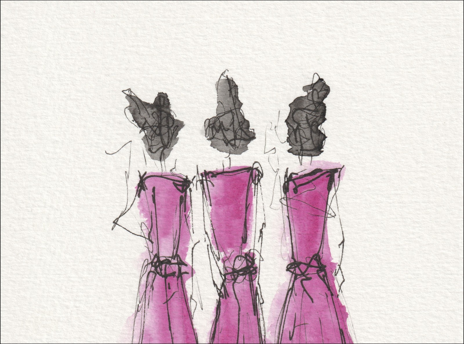 Arranged in an overlapping, three-part alignment, this original wash and ink piece investigates collective form through a series of uniform, full-length silhouettes standing side by side.