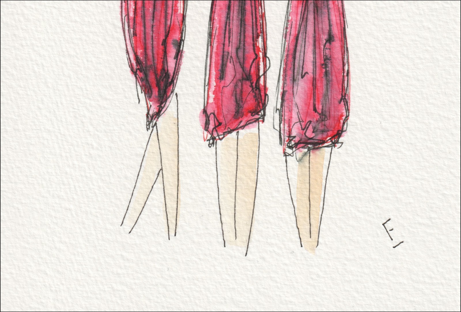 Presented in a rhythmic, three-figure alignment, this original wash and ink piece examines structural styling through a sequence of distinct, side-by-side silhouettes.