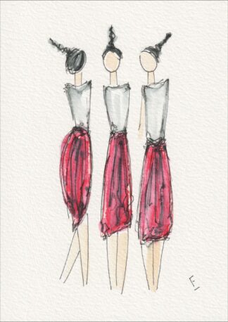 Presented in a rhythmic, three-figure alignment, this original wash and ink piece examines structural styling through a sequence of distinct, side-by-side silhouettes.