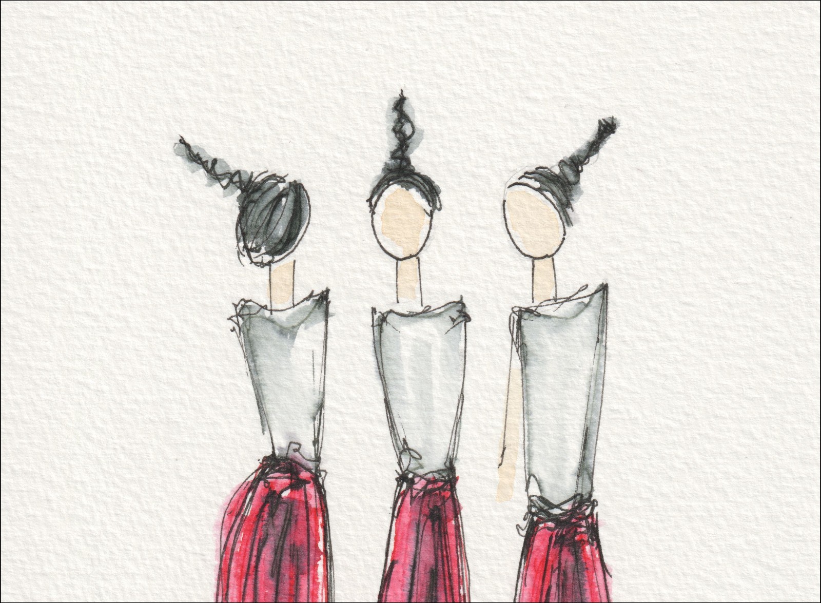 Presented in a rhythmic, three-figure alignment, this original wash and ink piece examines structural styling through a sequence of distinct, side-by-side silhouettes.
