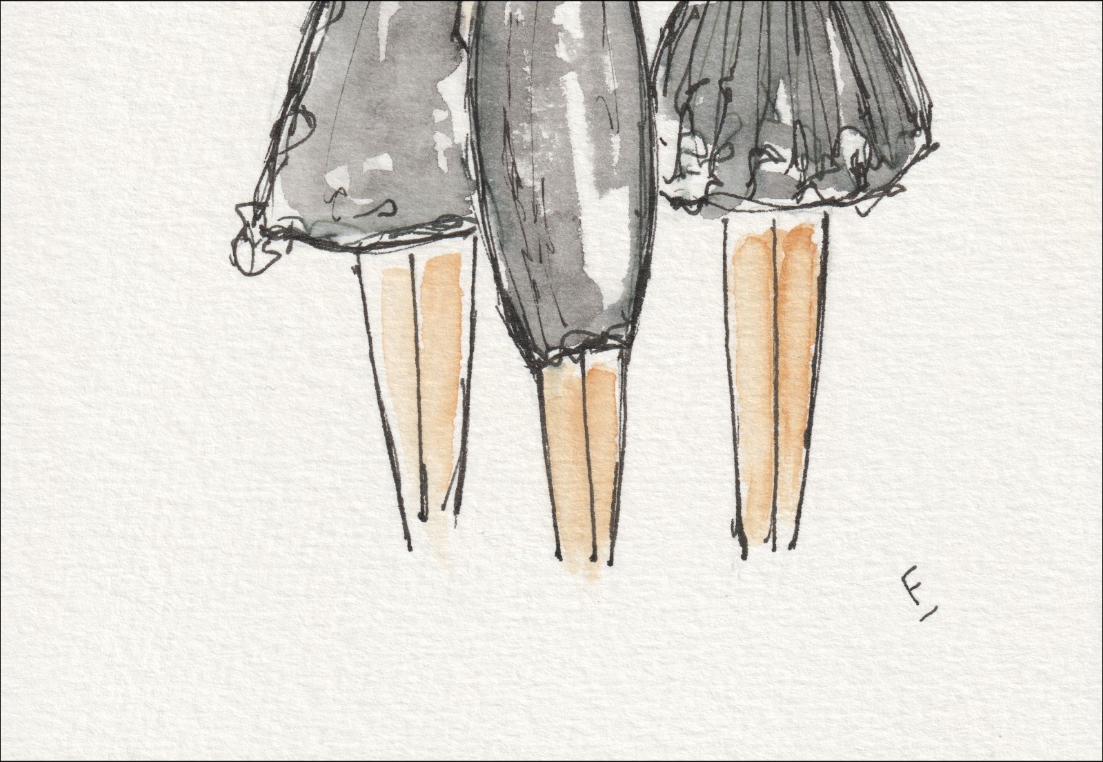 Presented as an asymmetrical, three-figure study, this original wash and ink piece investigates physical styling through a cluster of distinct, side-by-side silhouettes.