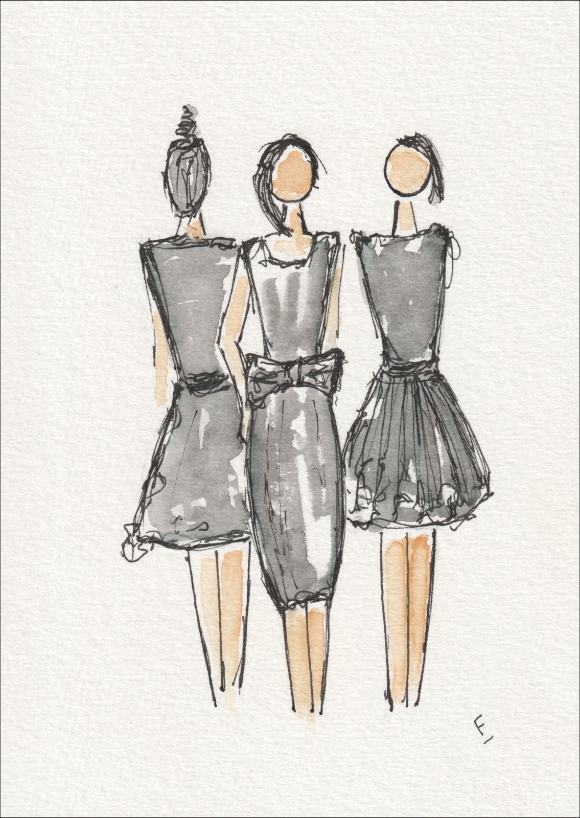 Presented as an asymmetrical, three-figure study, this original wash and ink piece investigates physical styling through a cluster of distinct, side-by-side silhouettes.