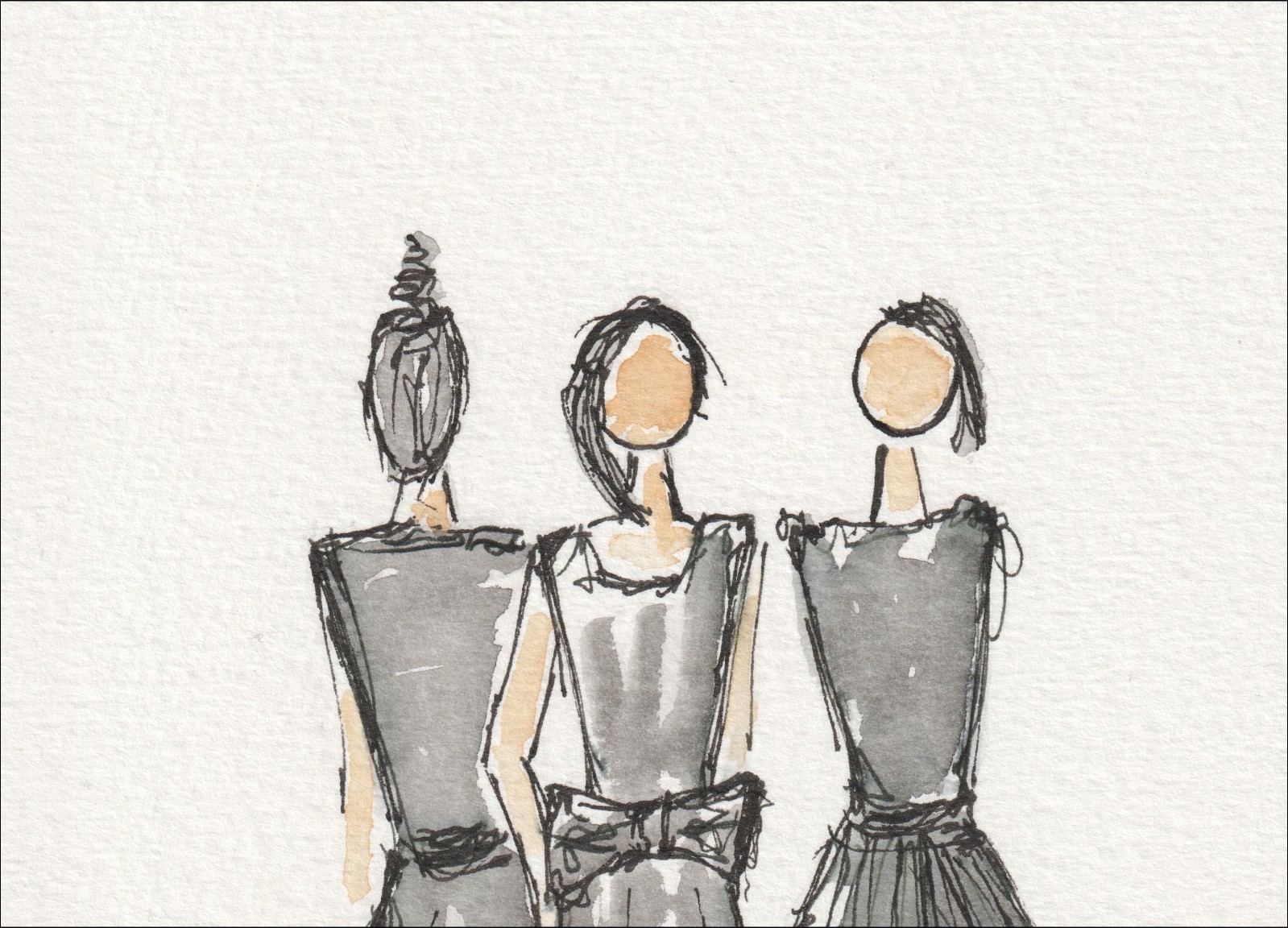 Presented as an asymmetrical, three-figure study, this original wash and ink piece investigates physical styling through a cluster of distinct, side-by-side silhouettes.