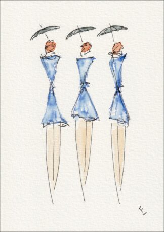 Presented in a rhythmic, sequential alignment, this original wash and ink piece investigates tailored grace through three matching, side-by-side silhouettes.
