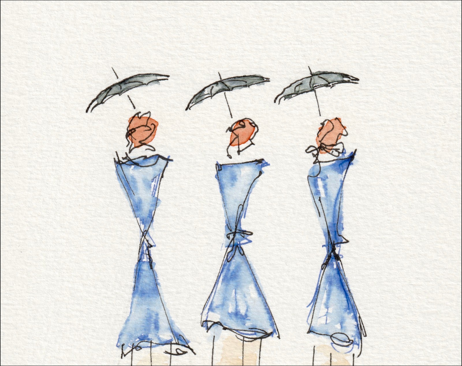Presented in a rhythmic, sequential alignment, this original wash and ink piece investigates tailored grace through three matching, side-by-side silhouettes.