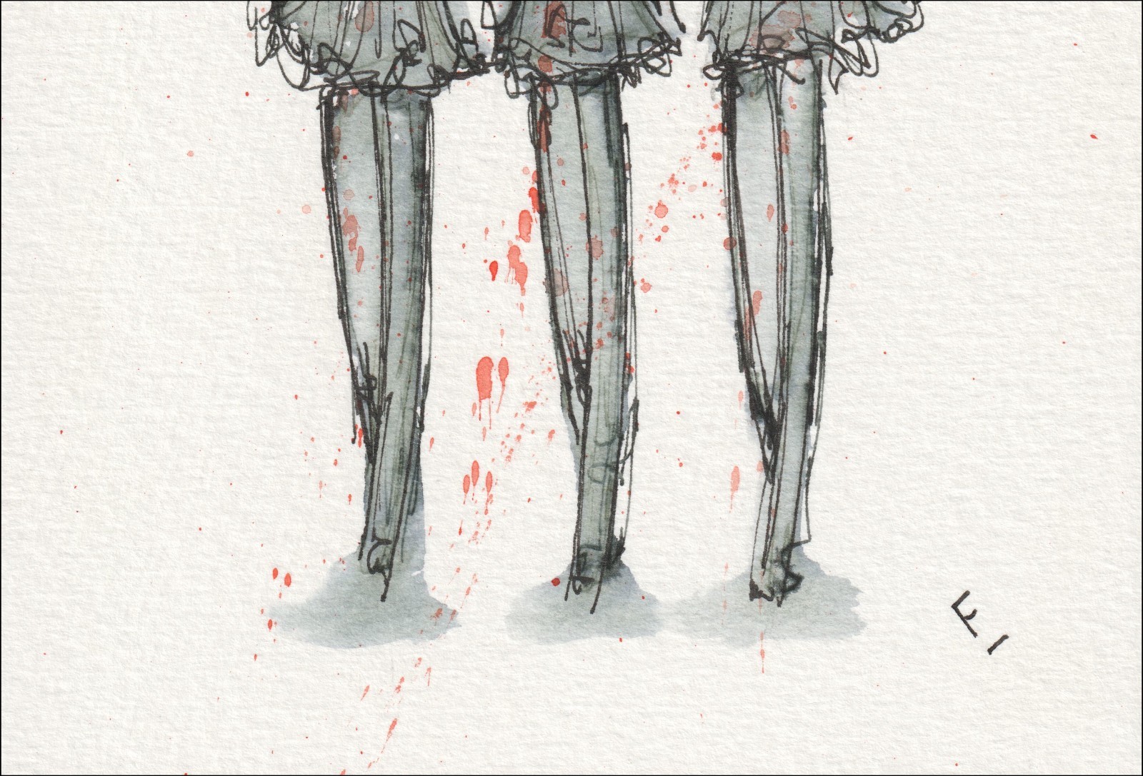 Arranged in a repeating, three-part alignment, this original wash and ink piece investigates historical design styling through a sequence of matching, full-length silhouettes.