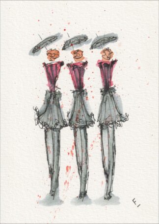 Arranged in a repeating, three-part alignment, this original wash and ink piece investigates historical design styling through a sequence of matching, full-length silhouettes.