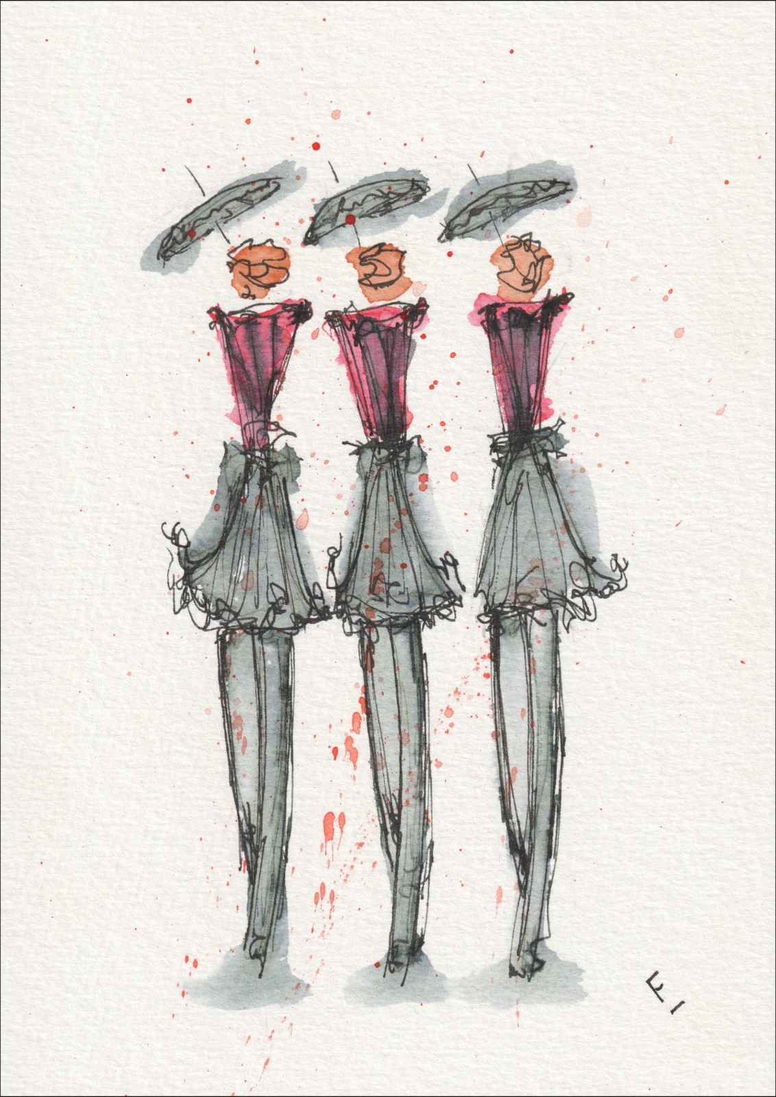 Arranged in a repeating, three-part alignment, this original wash and ink piece investigates historical design styling through a sequence of matching, full-length silhouettes.