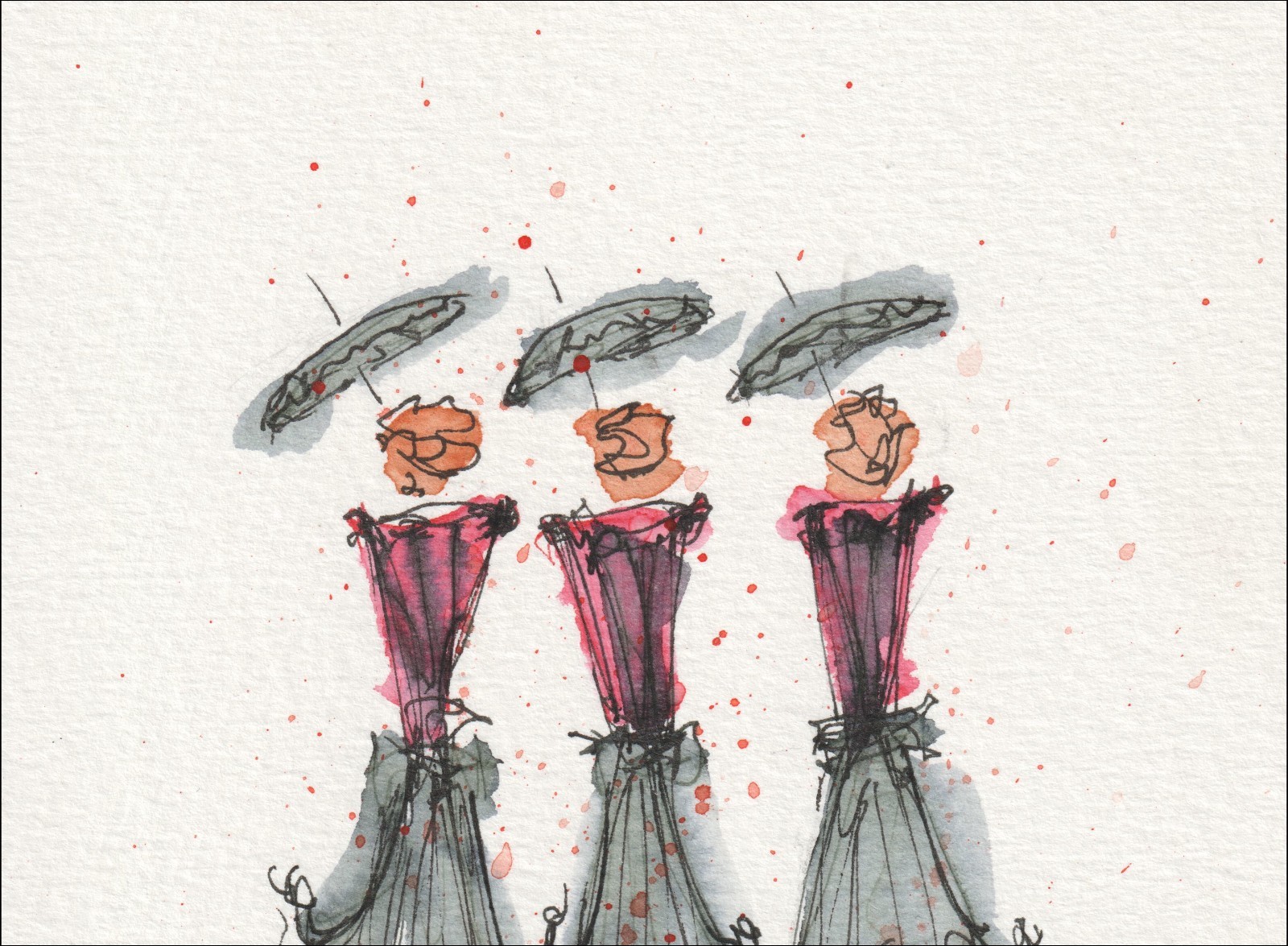 Arranged in a repeating, three-part alignment, this original wash and ink piece investigates historical design styling through a sequence of matching, full-length silhouettes.
