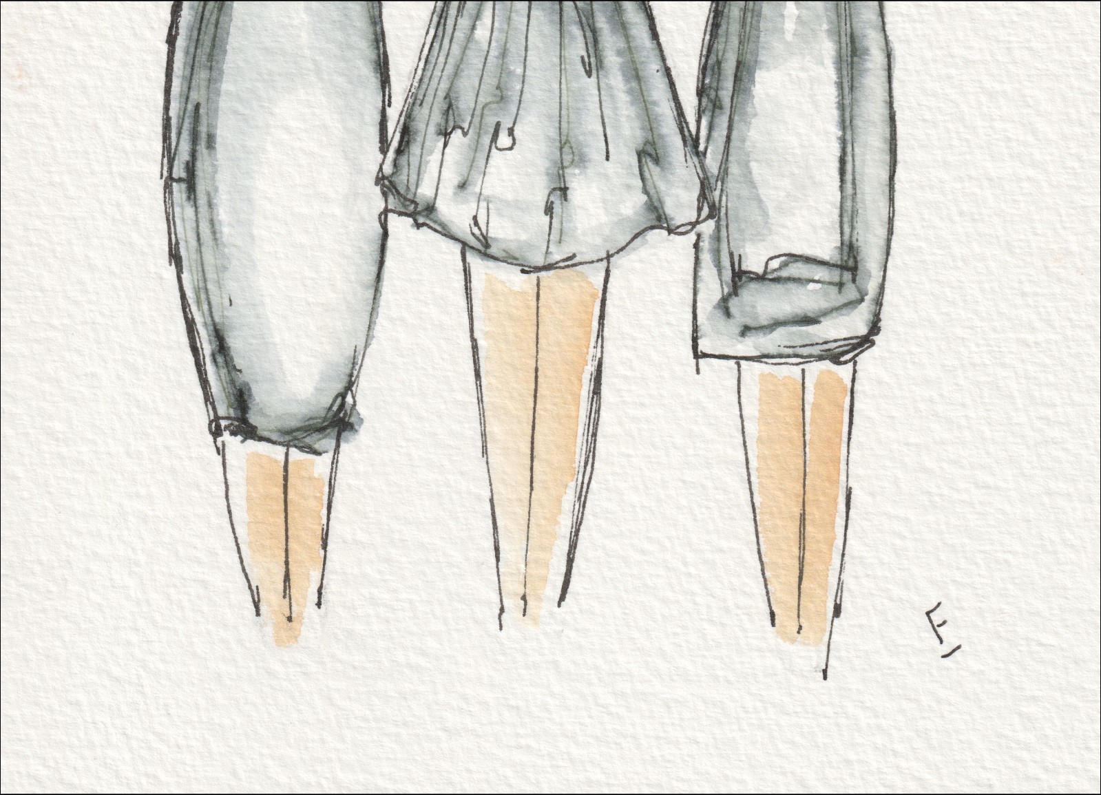 Presented in a balanced, three-figure gathering, this original wash and ink piece examines tailored alignment through three distinct, side-by-side silhouettes.