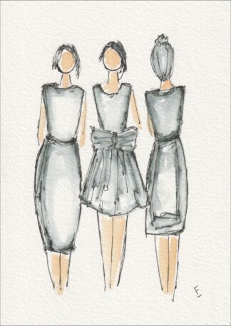 Presented in a balanced, three-figure gathering, this original wash and ink piece examines tailored alignment through three distinct, side-by-side silhouettes.