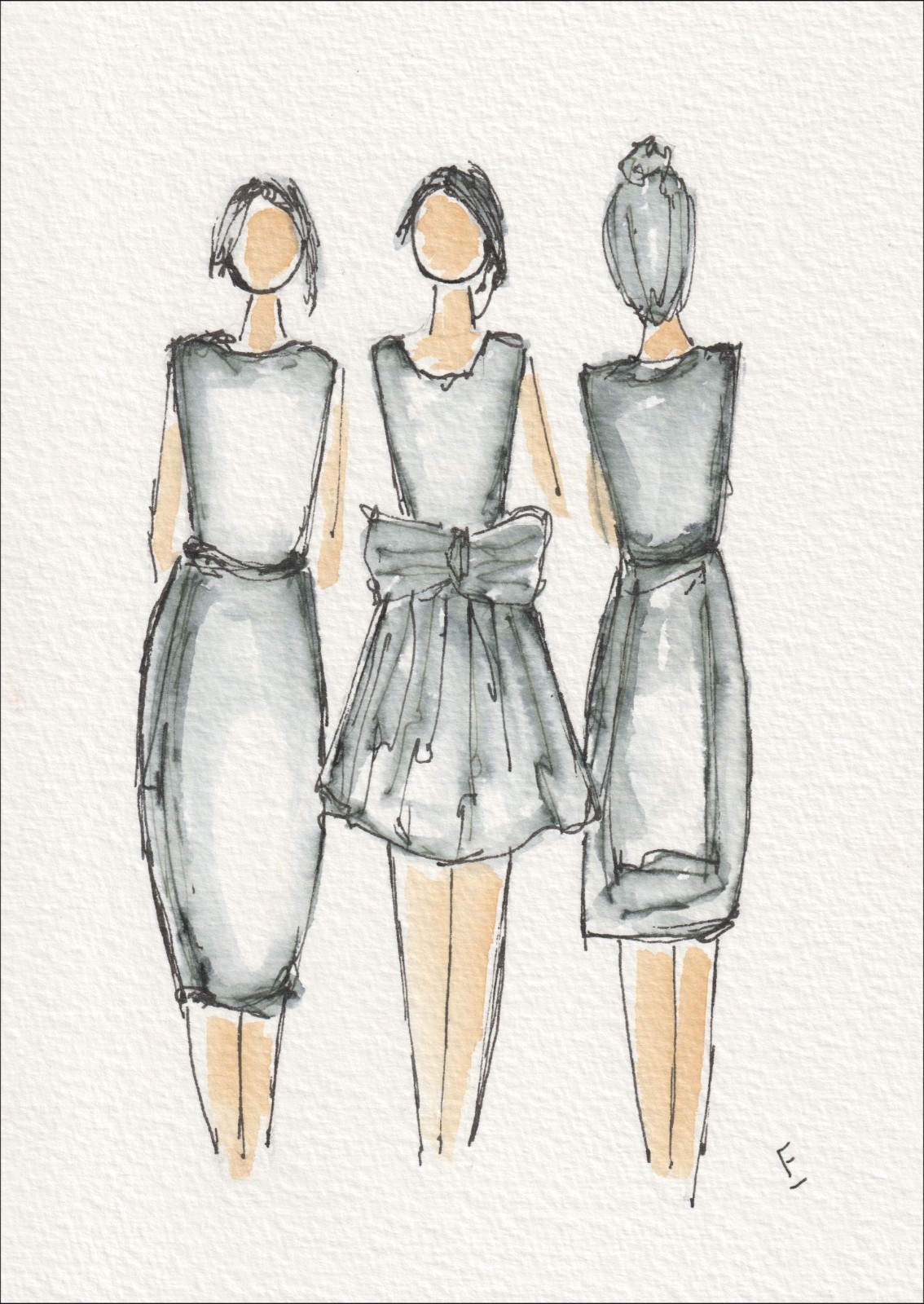 Presented in a balanced, three-figure gathering, this original wash and ink piece examines tailored alignment through three distinct, side-by-side silhouettes.