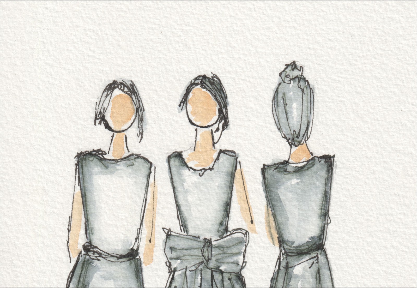 Presented in a balanced, three-figure gathering, this original wash and ink piece examines tailored alignment through three distinct, side-by-side silhouettes.
