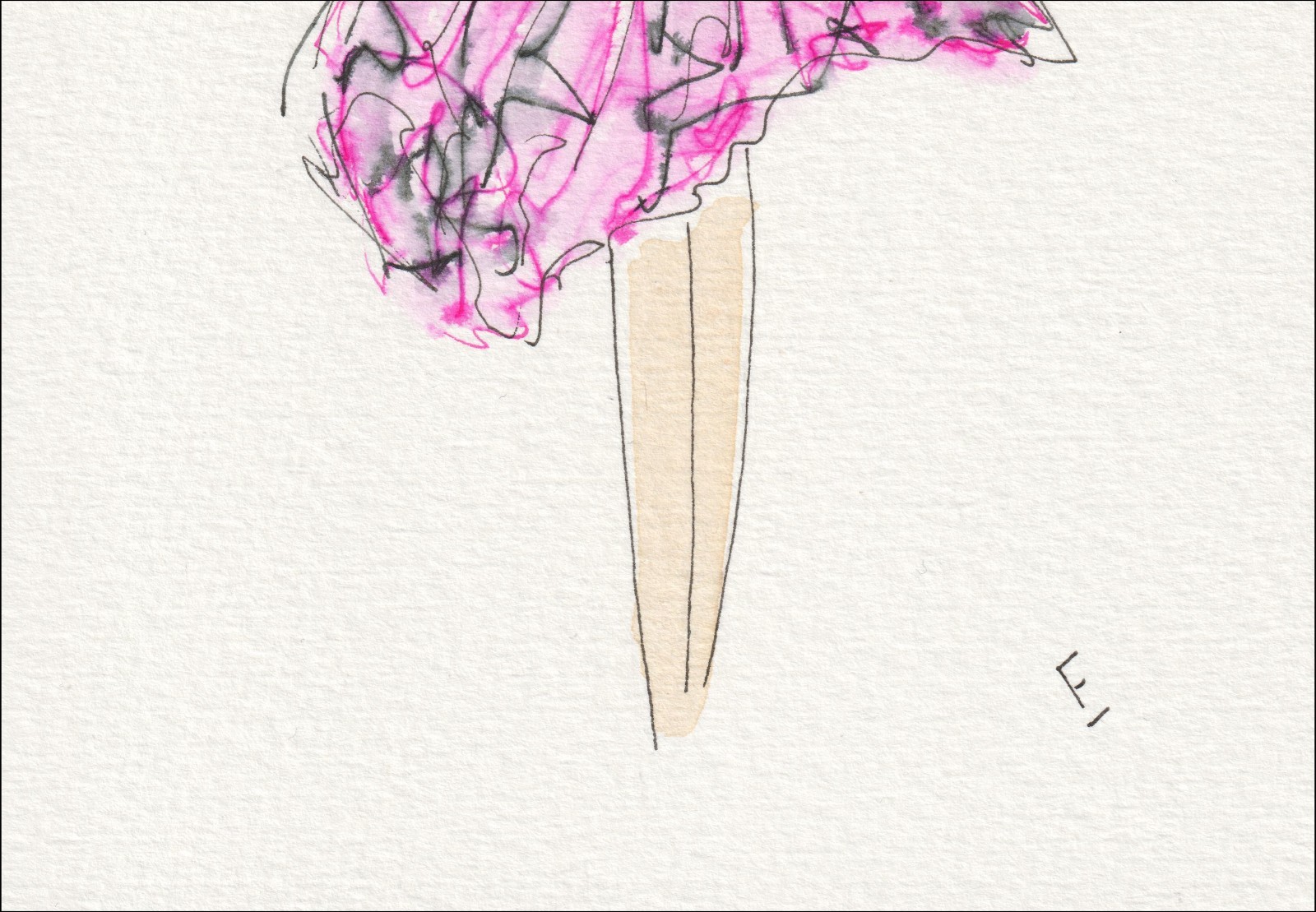 Captured from a clear, rear-facing perspective, this original wash and ink piece investigates dramatic garment volume through a single, centered silhouette.