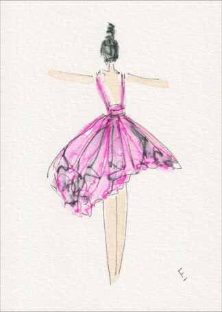 Captured from a clear, rear-facing perspective, this original wash and ink piece investigates dramatic garment volume through a single, centered silhouette.