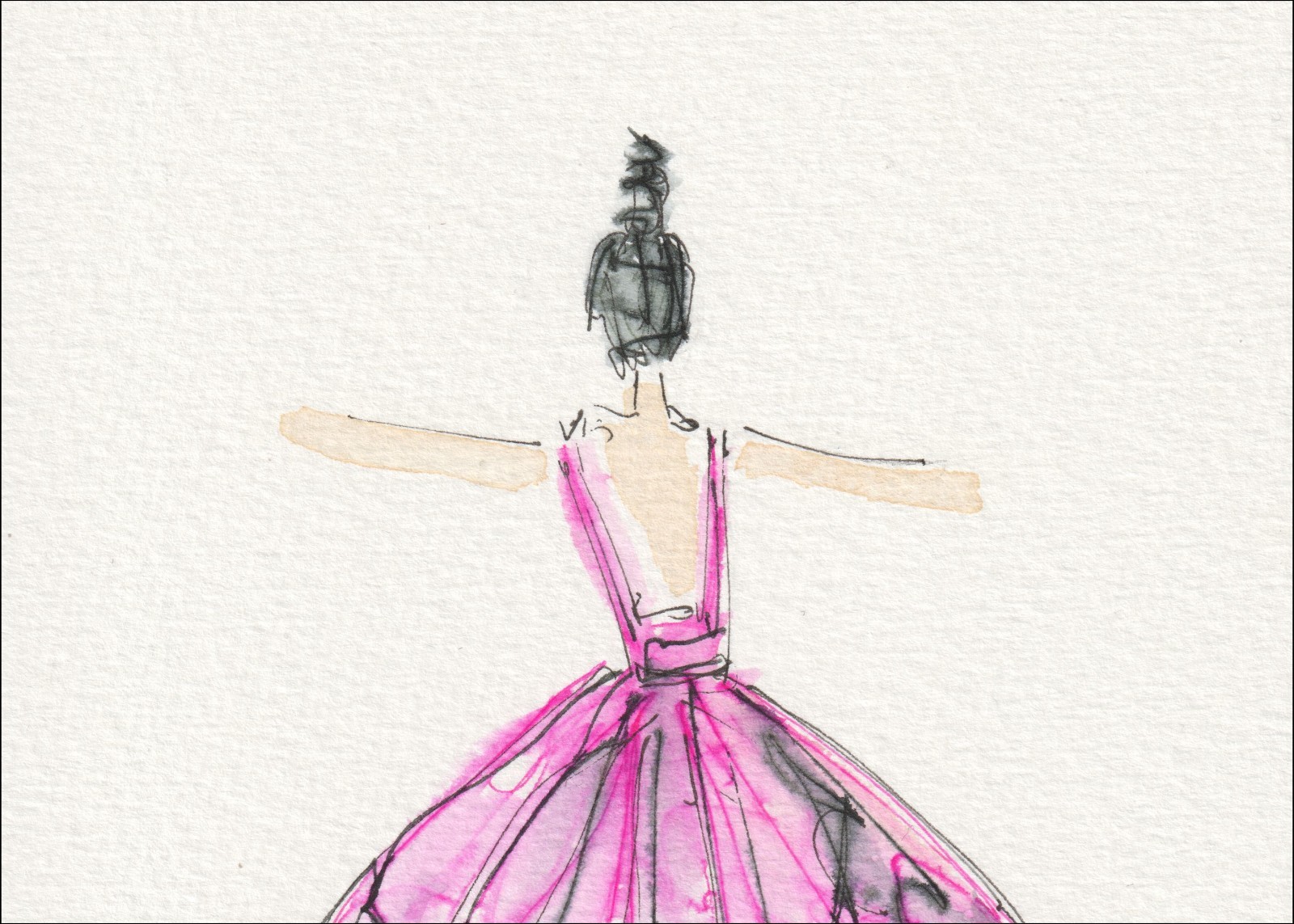 Captured from a clear, rear-facing perspective, this original wash and ink piece investigates dramatic garment volume through a single, centered silhouette.