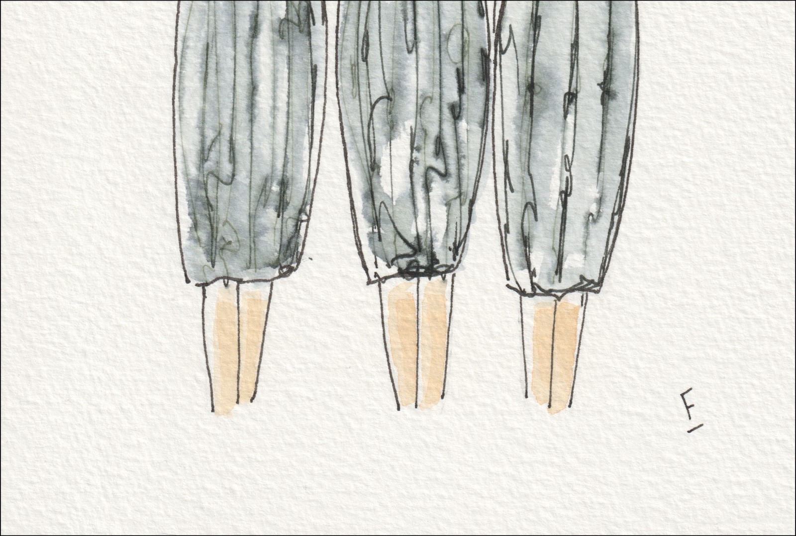 Presented as a rhythmic, three-figure grouping, this original wash and ink piece investigates physical repetition through a series of upright, side-by-side silhouettes.