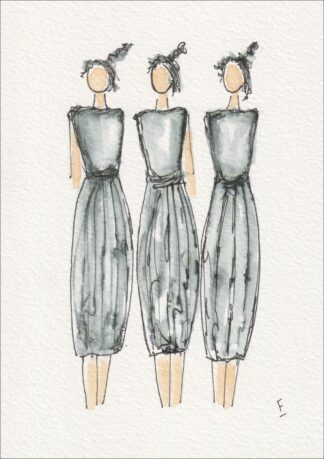 Presented as a rhythmic, three-figure grouping, this original wash and ink piece investigates physical repetition through a series of upright, side-by-side silhouettes.