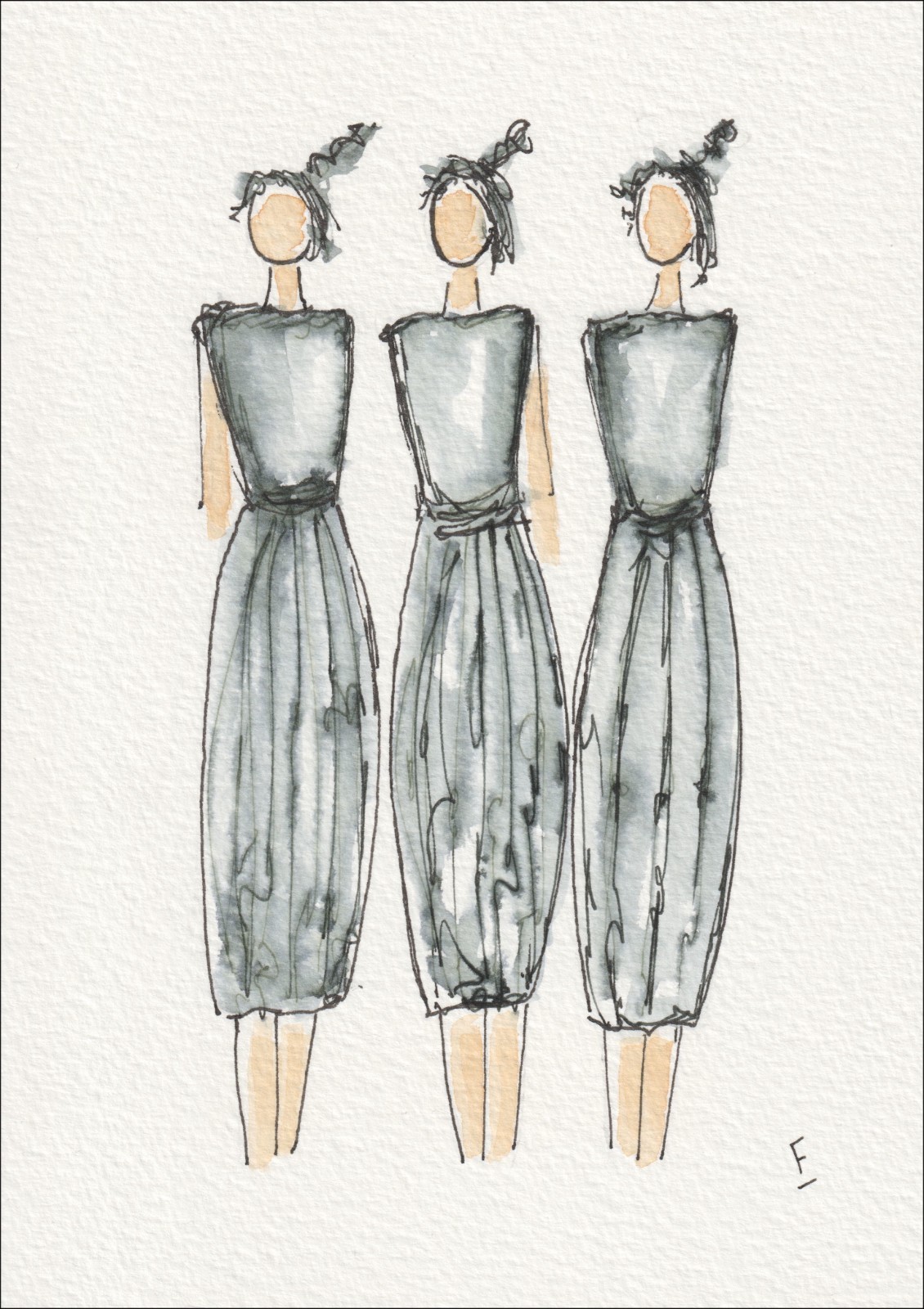 Presented as a rhythmic, three-figure grouping, this original wash and ink piece investigates physical repetition through a series of upright, side-by-side silhouettes.
