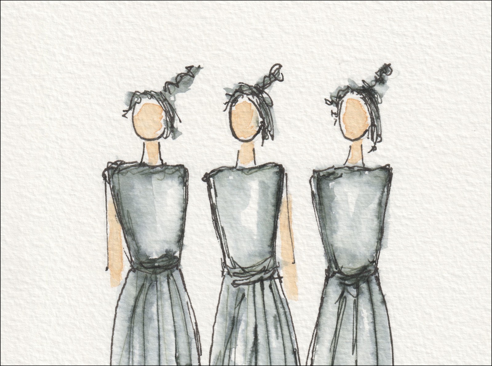 Presented as a rhythmic, three-figure grouping, this original wash and ink piece investigates physical repetition through a series of upright, side-by-side silhouettes.
