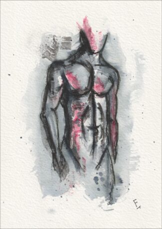 Presented in a commanding, slightly turned stance, this original wash and ink creation investigates structural geometry through a single, centred torso.