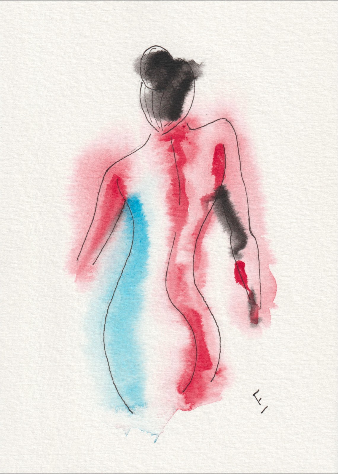 Captured from a clear, rear-facing orientation, this original wash and ink piece investigates linear alignment through a singular, standalone silhouette.