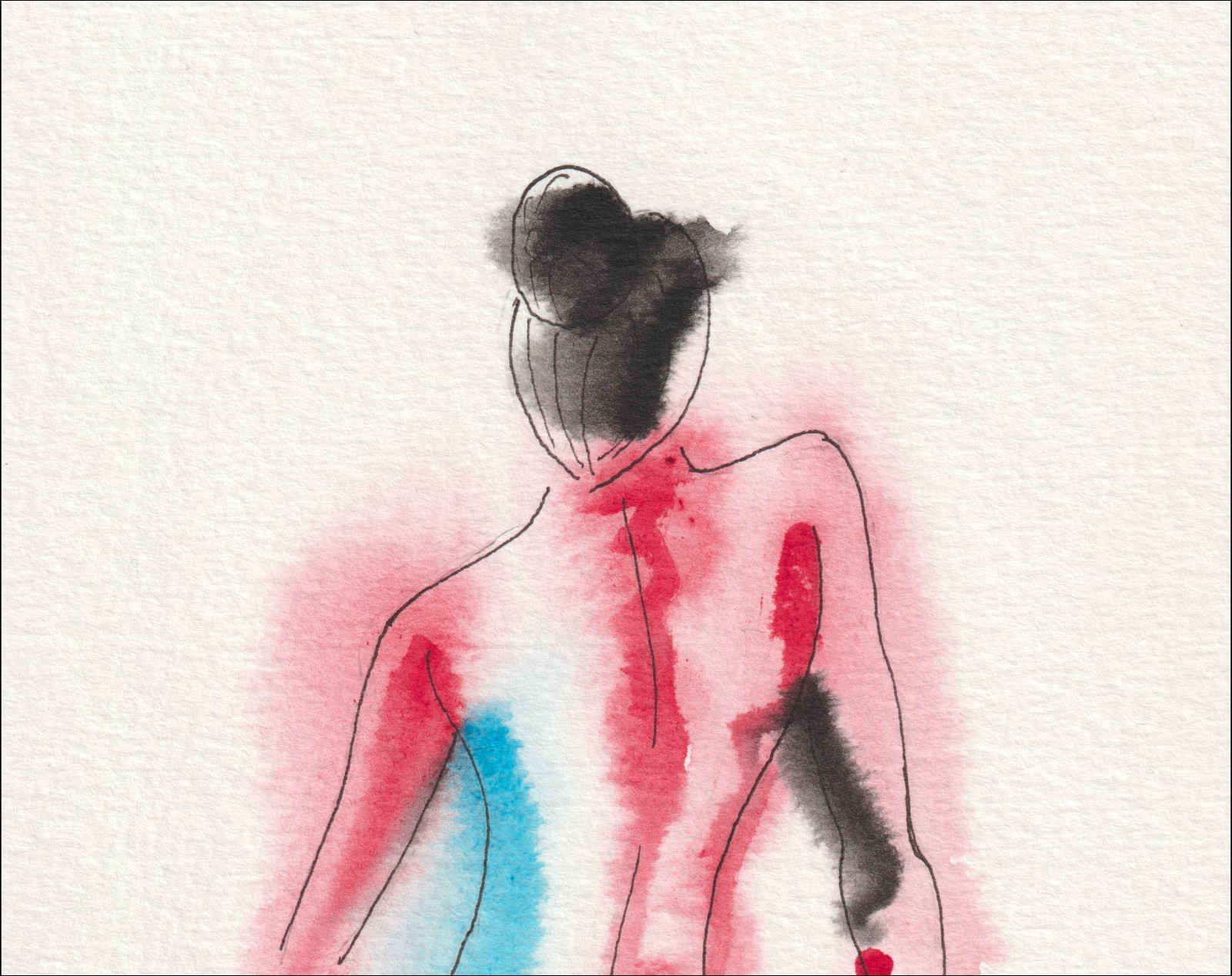Captured from a clear, rear-facing orientation, this original wash and ink piece investigates linear alignment through a singular, standalone silhouette.