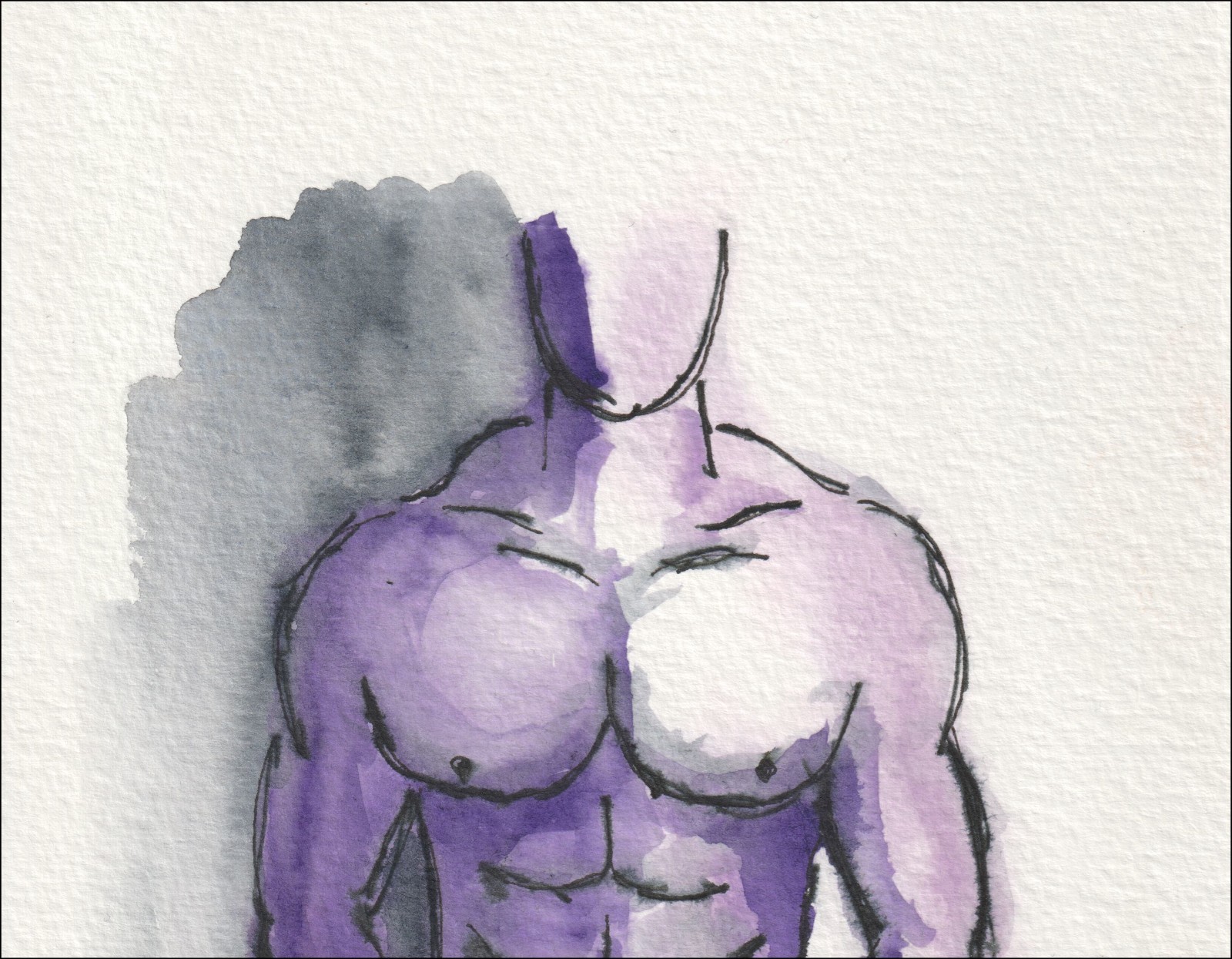 Presented in a direct, front-facing perspective, this original wash and ink piece examines anatomical geometry through a mid-length torso.