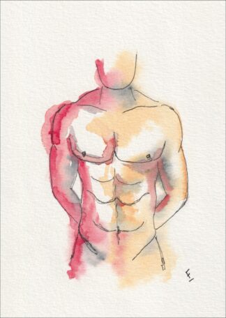 Executed from a direct, front-facing viewpoint, this original wash and ink creation isolates an anatomical study through an upright torso.