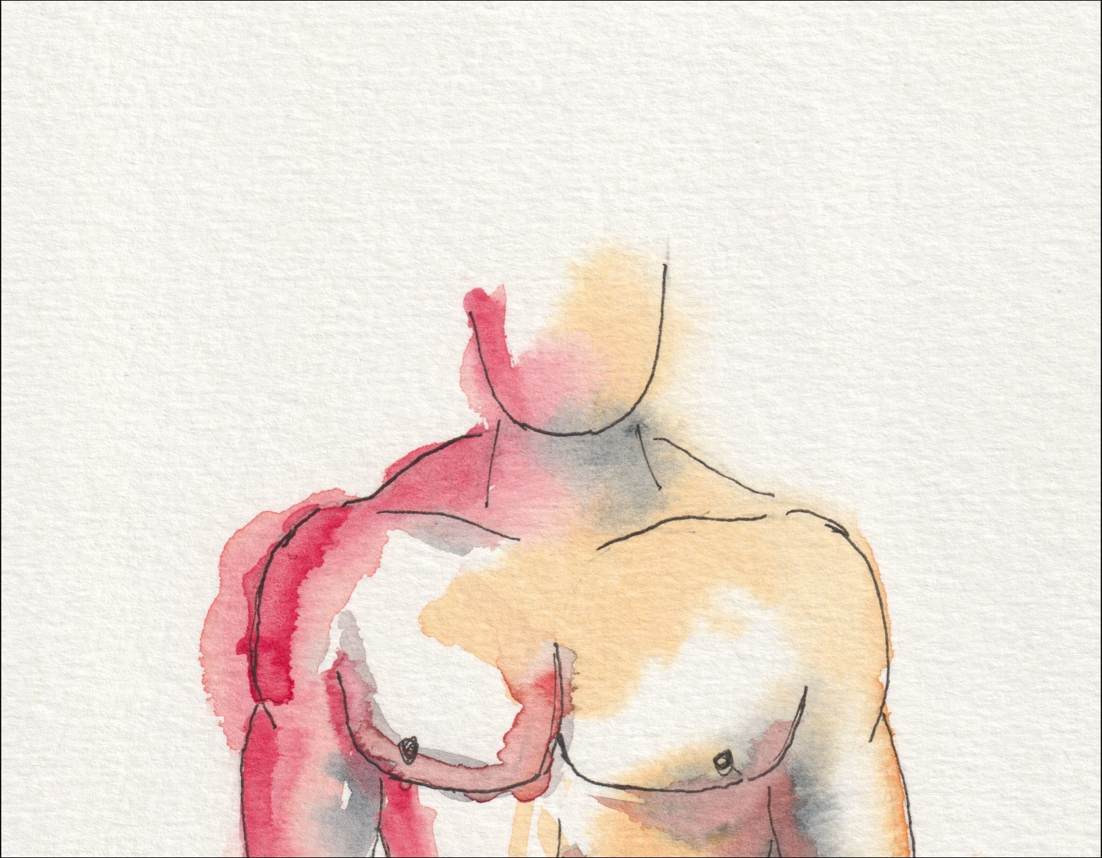 Executed from a direct, front-facing viewpoint, this original wash and ink creation isolates an anatomical study through an upright torso.