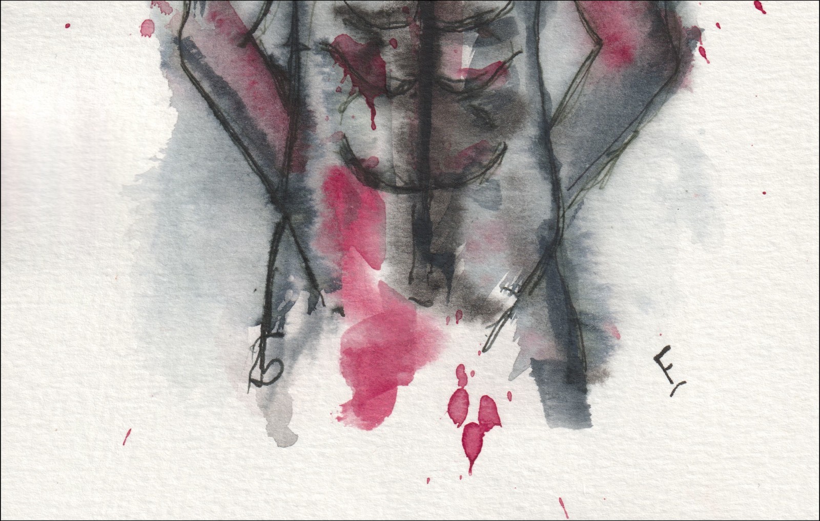 Captured in a strong, front-facing orientation, this original wash and ink piece examines anatomical geometry through a centred, symmetrical torso.