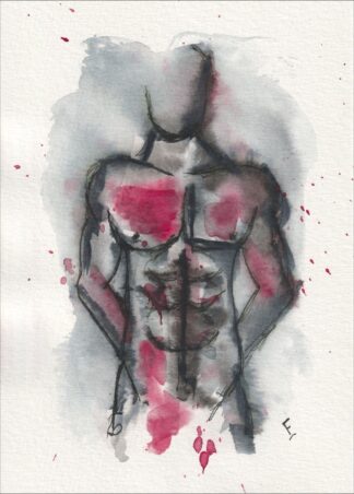 Captured in a strong, front-facing orientation, this original wash and ink piece examines anatomical geometry through a centred, symmetrical torso.