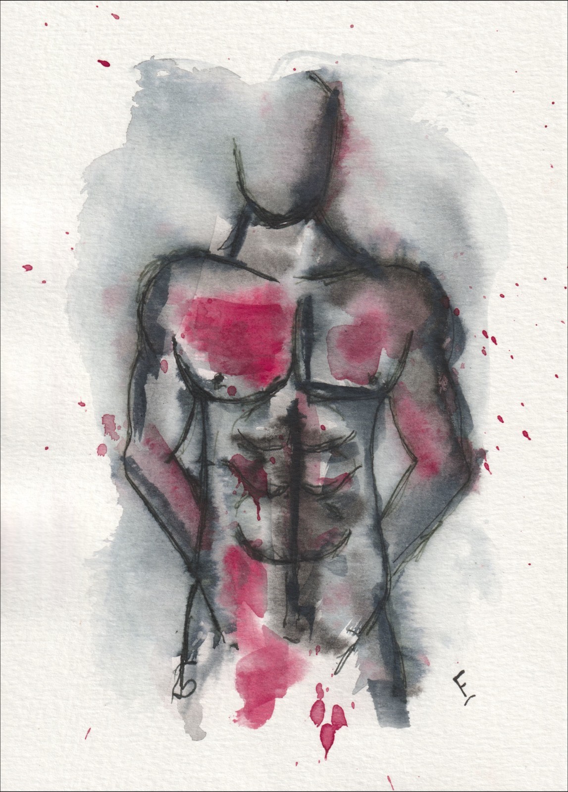 Captured in a strong, front-facing orientation, this original wash and ink piece examines anatomical geometry through a centred, symmetrical torso.