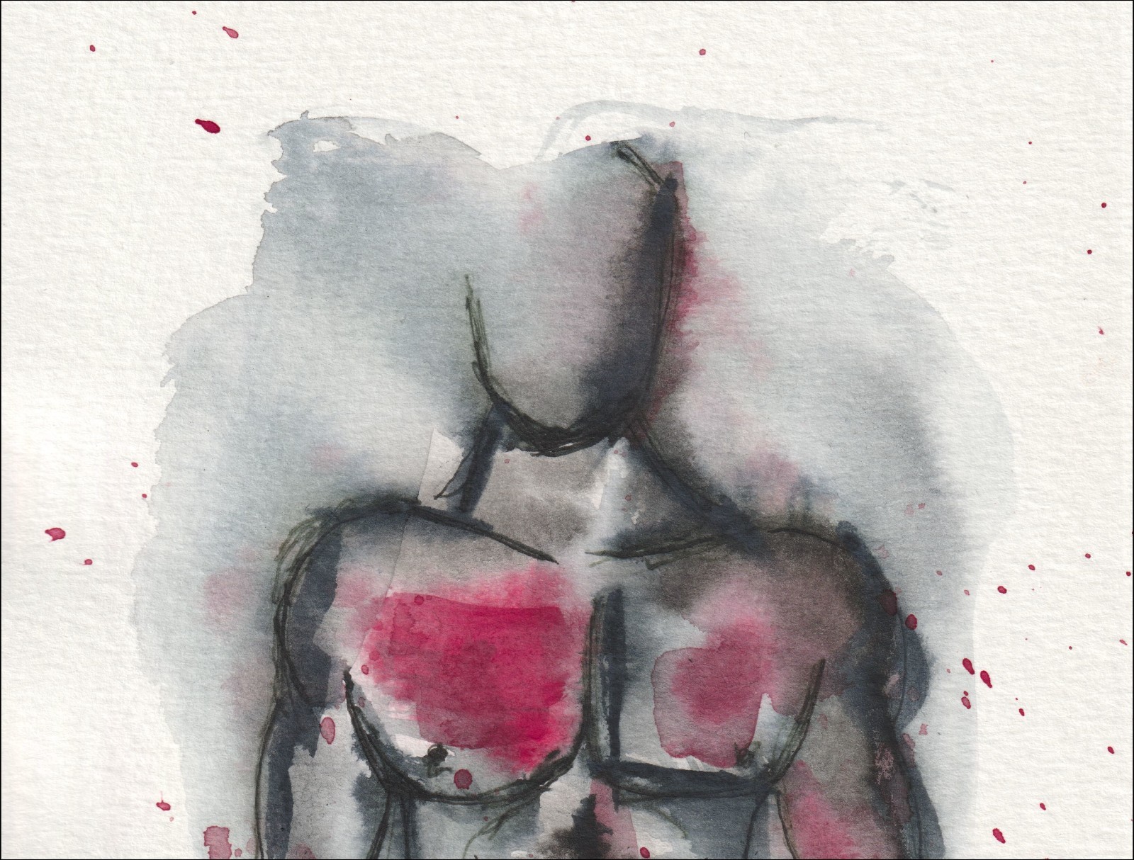 Captured in a strong, front-facing orientation, this original wash and ink piece examines anatomical geometry through a centred, symmetrical torso.