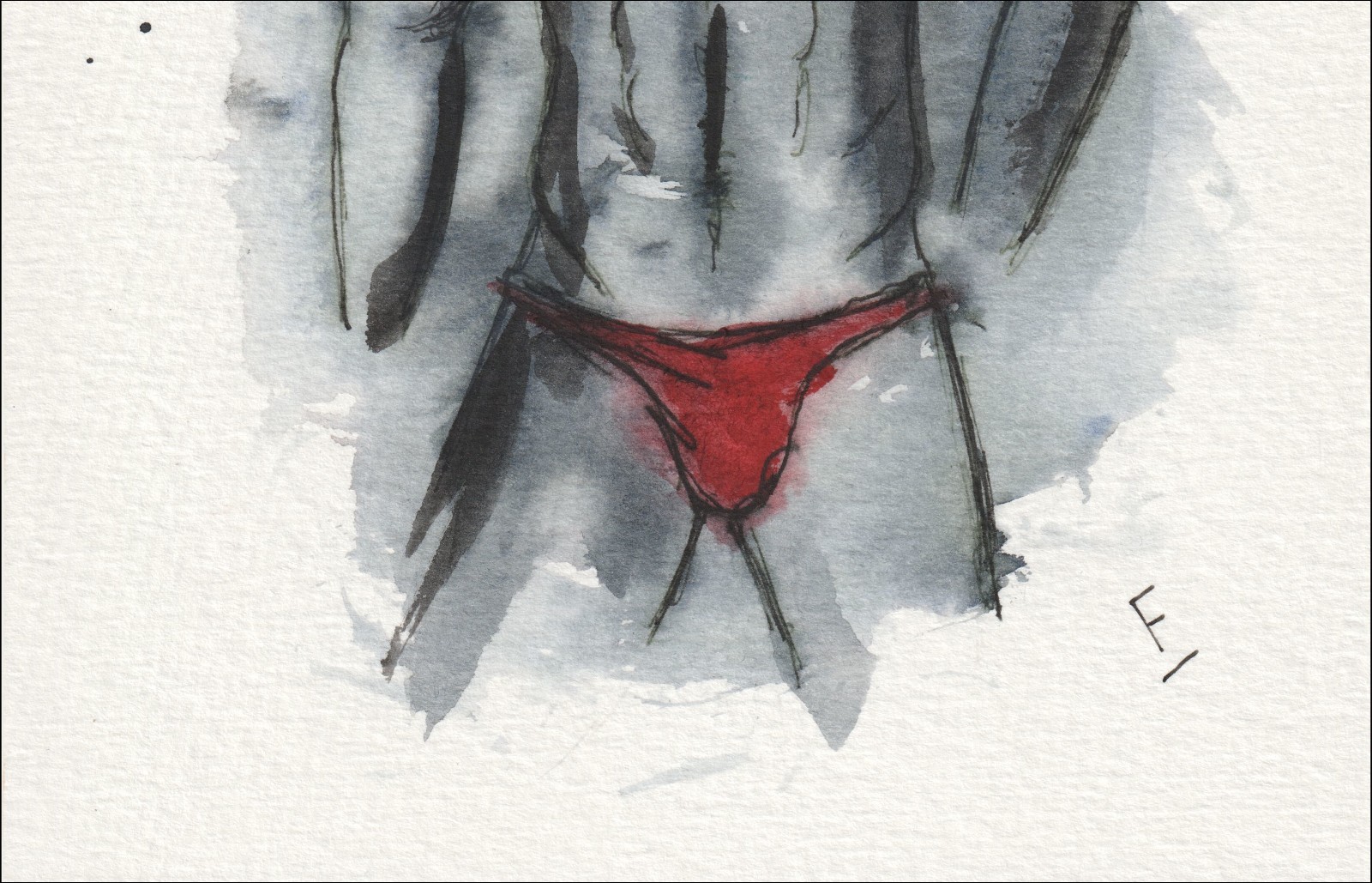 Presented in a grounded, front-facing alignment, this original wash and ink piece investigates structural form through an athletic torso.