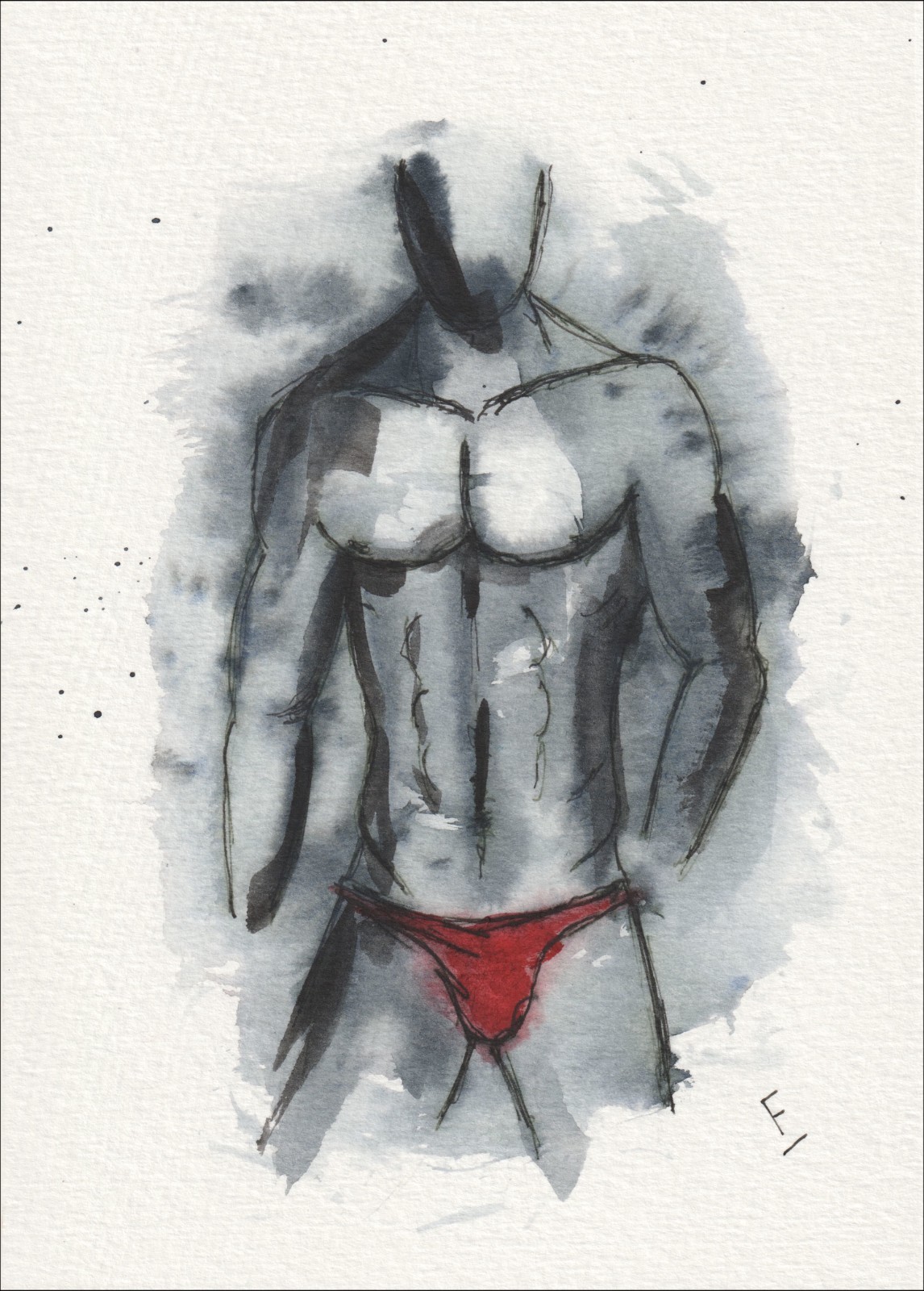 Presented in a grounded, front-facing alignment, this original wash and ink piece investigates structural form through an athletic torso.