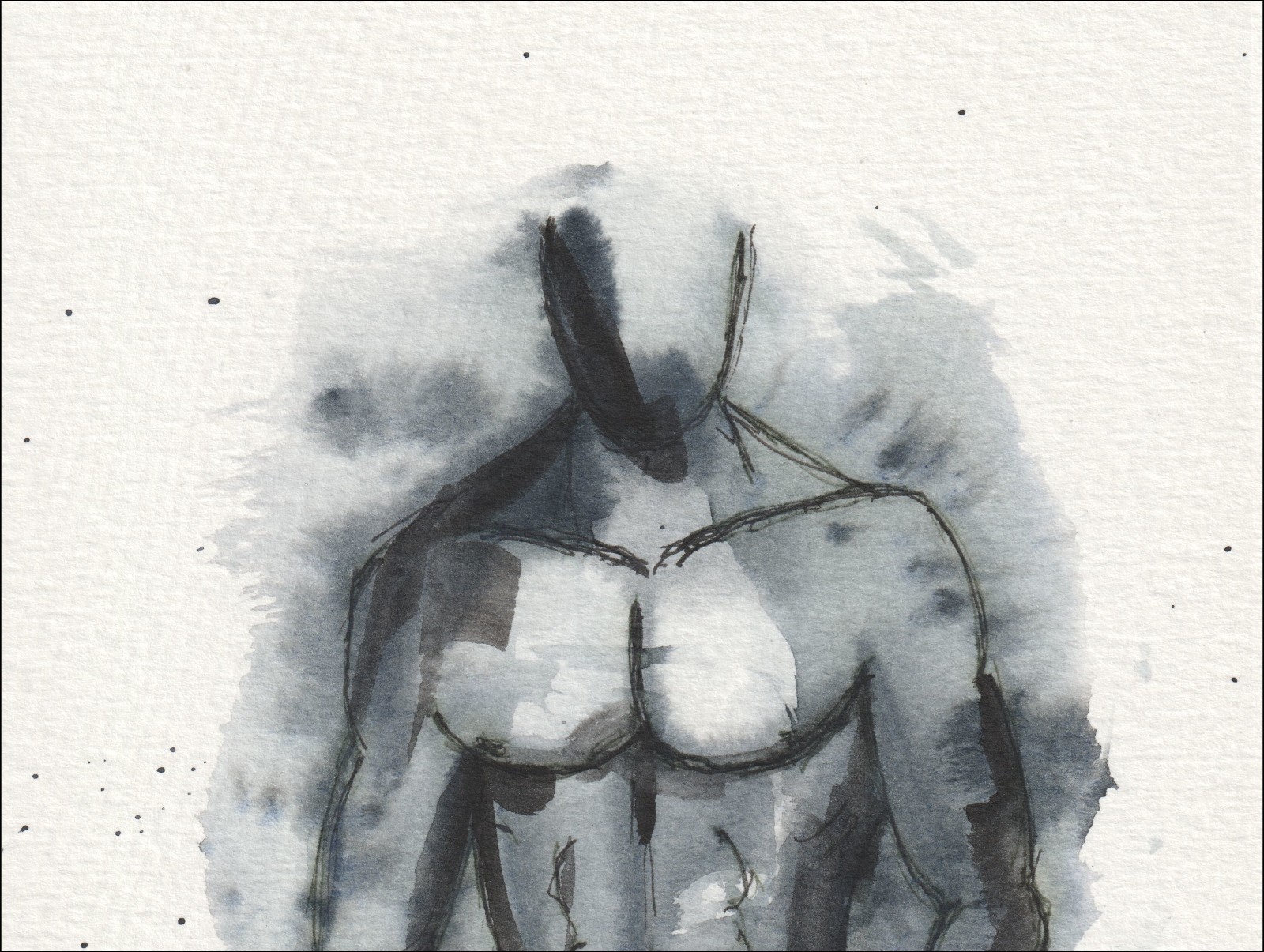 Presented in a grounded, front-facing alignment, this original wash and ink piece investigates structural form through an athletic torso.