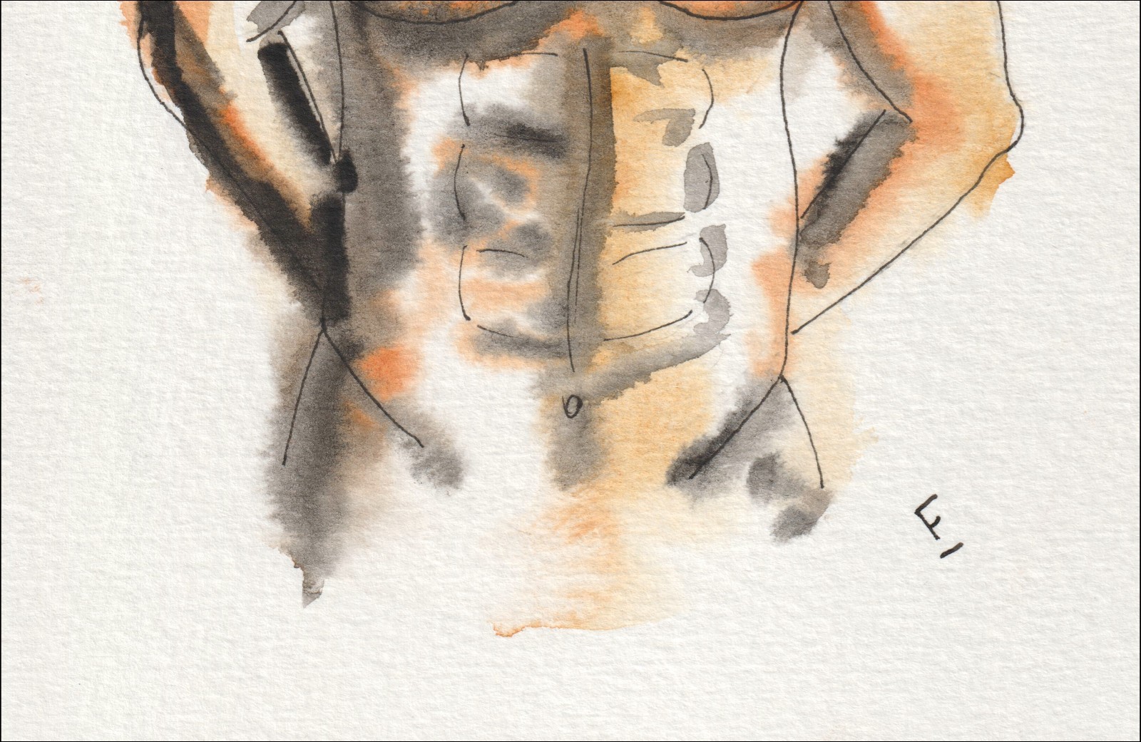 Presented in a direct, forward-oriented posture, this original wash and ink piece investigates physical mass through a standalone torso.