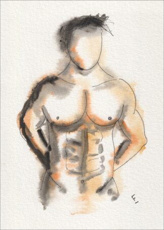 Presented in a direct, forward-oriented posture, this original wash and ink piece investigates physical mass through a standalone torso.