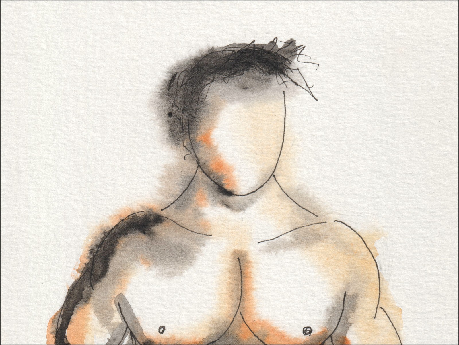 Presented in a direct, forward-oriented posture, this original wash and ink piece investigates physical mass through a standalone torso.