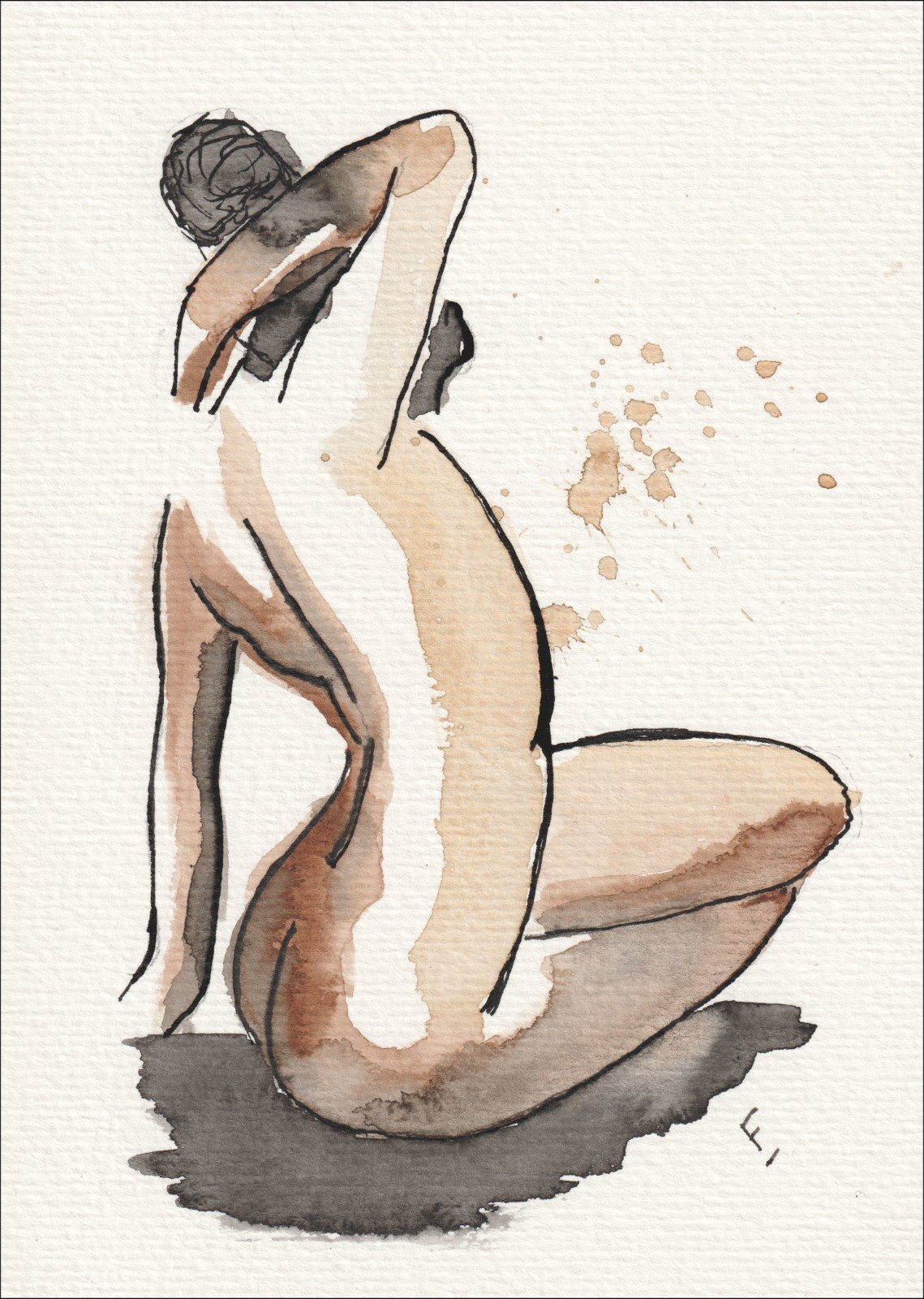 Figurative Female Gesture Painting In Watercolour And Ink, Original Wall Art