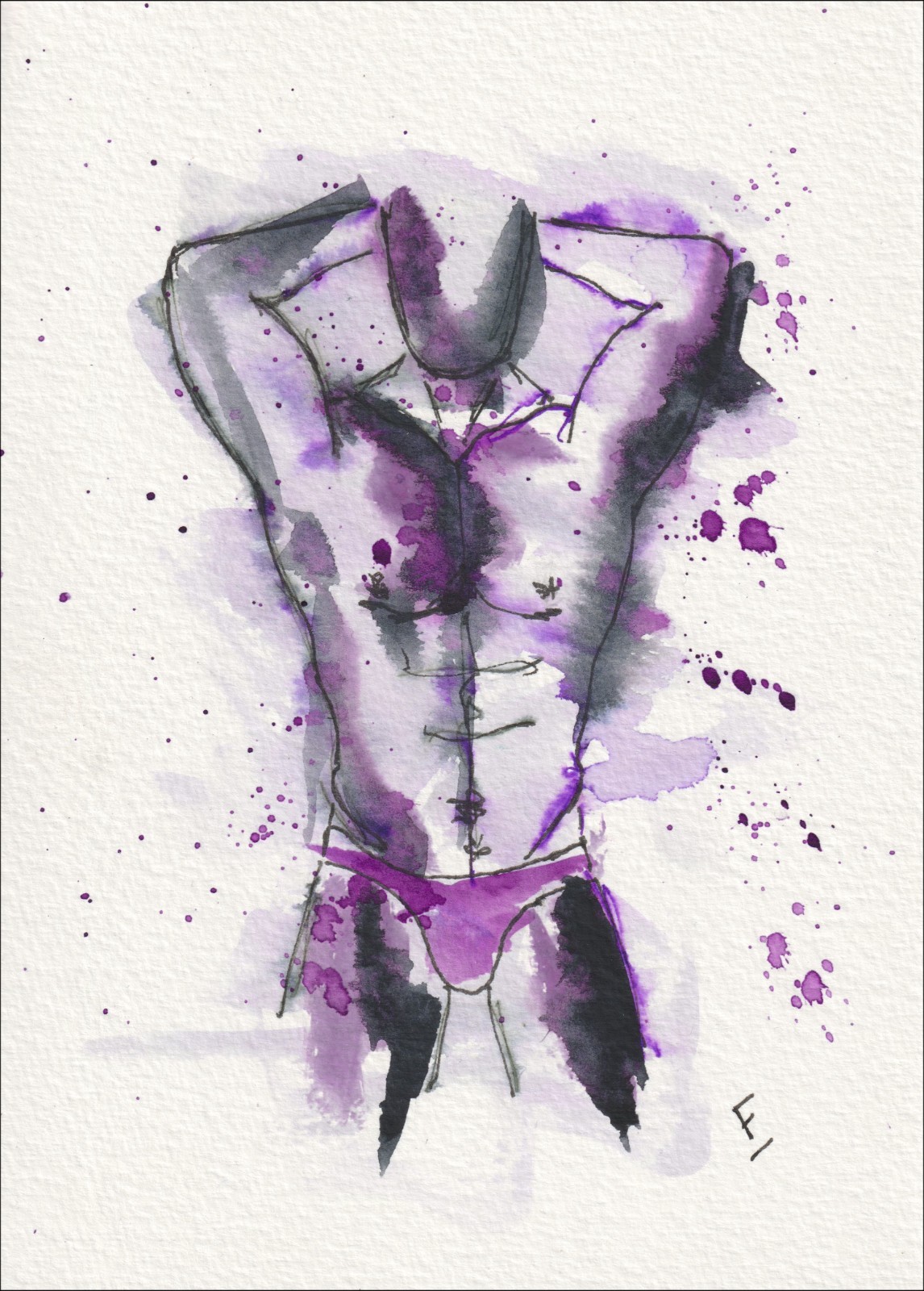 Figurative Male Painting, Watercolour And Ink, Original Signed Abstract Wall Art