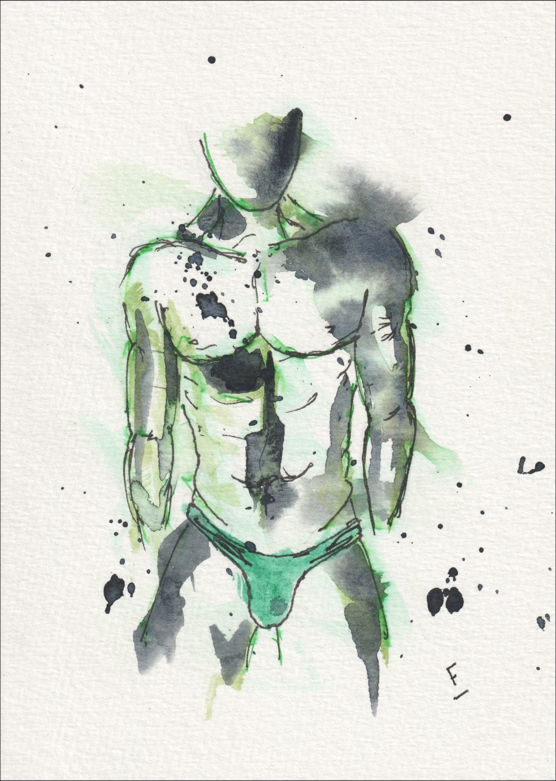 Male Figurative Painting In Watercolour And Ink, Original Signed Wall Art Sketch