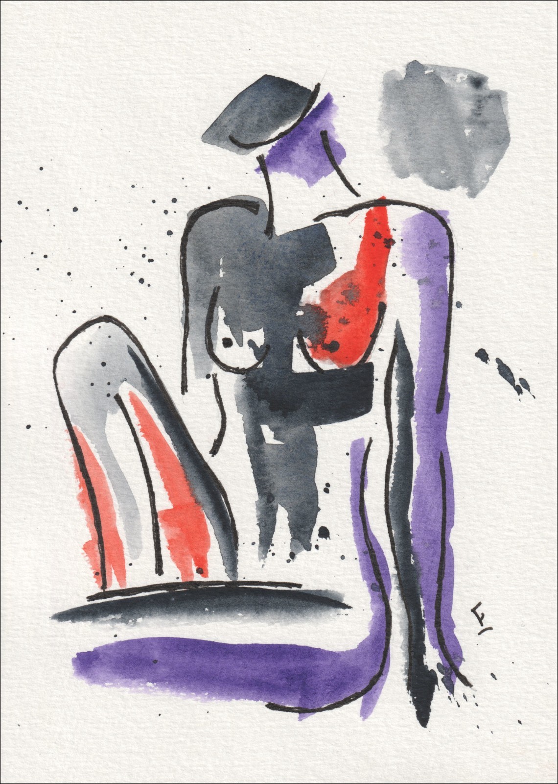 Original Signed Figurative Abstract Female Painting In Watercolour And Ink