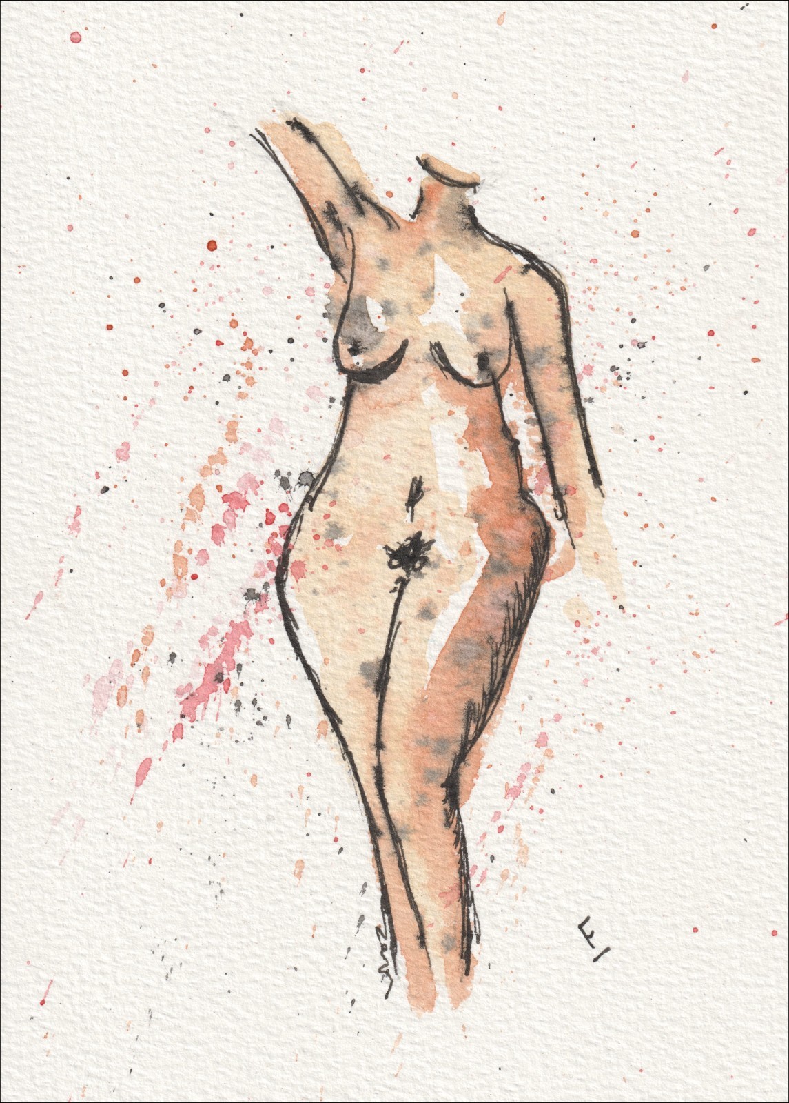 Abstract Figurative Female Painting In Watercolour And Ink Contemporary Wall Art