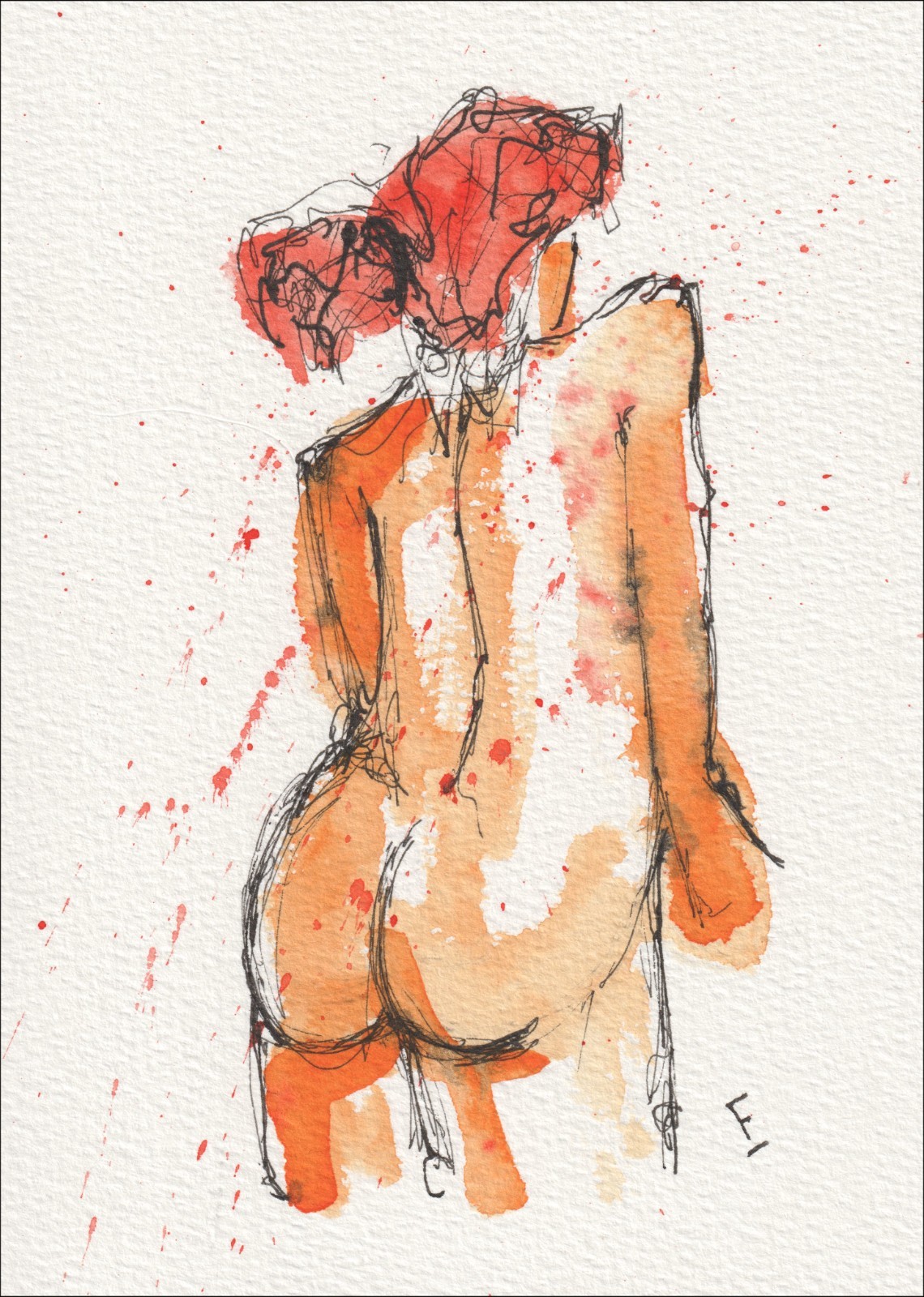 Original Signed Figurative Female Painting In Watercolour And Ink, Contemporary