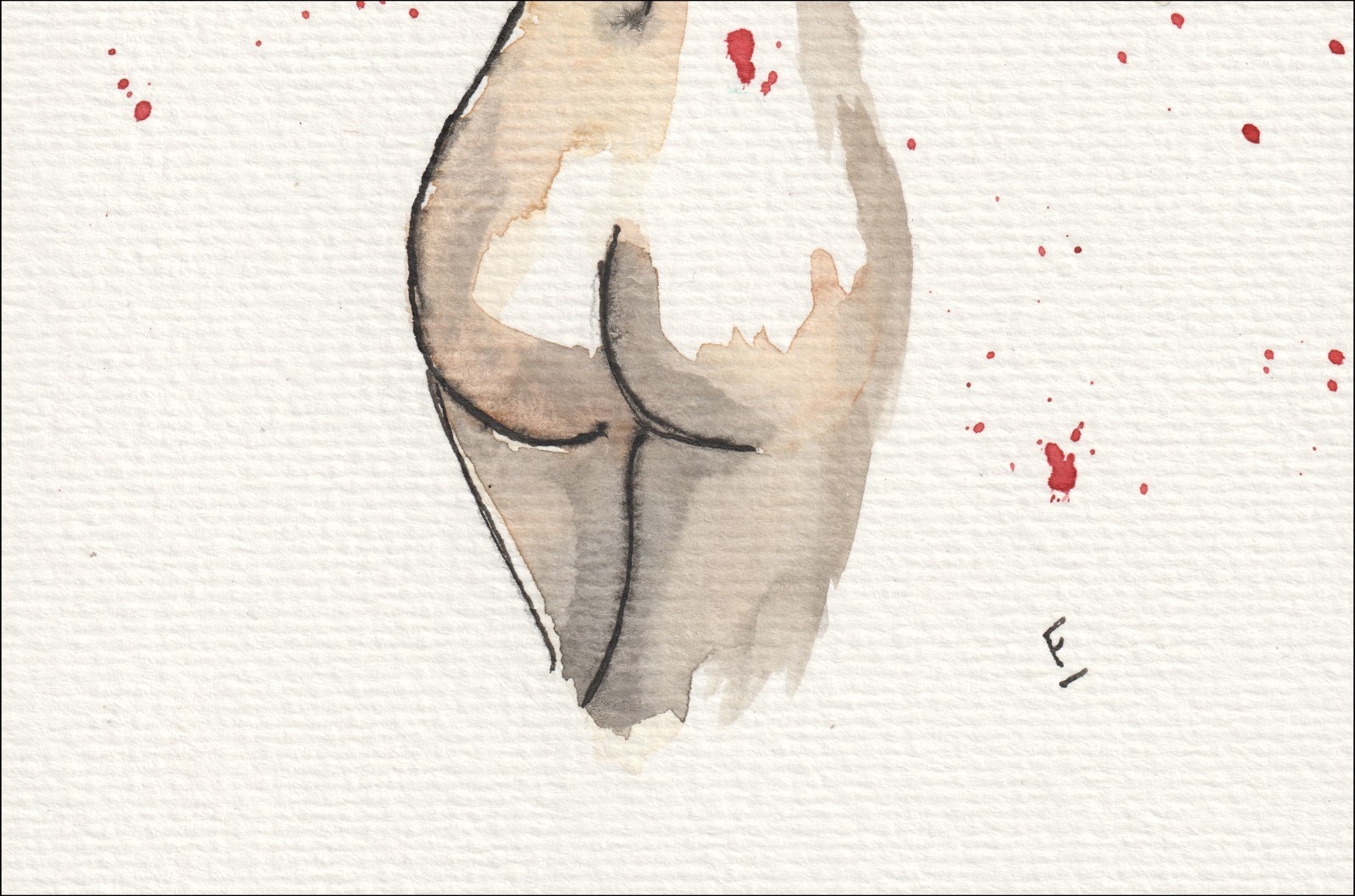 Executed from a direct, back-facing vantage point, this original wash and ink creation isolates the elegant contours of a full-length standalone silhouette.