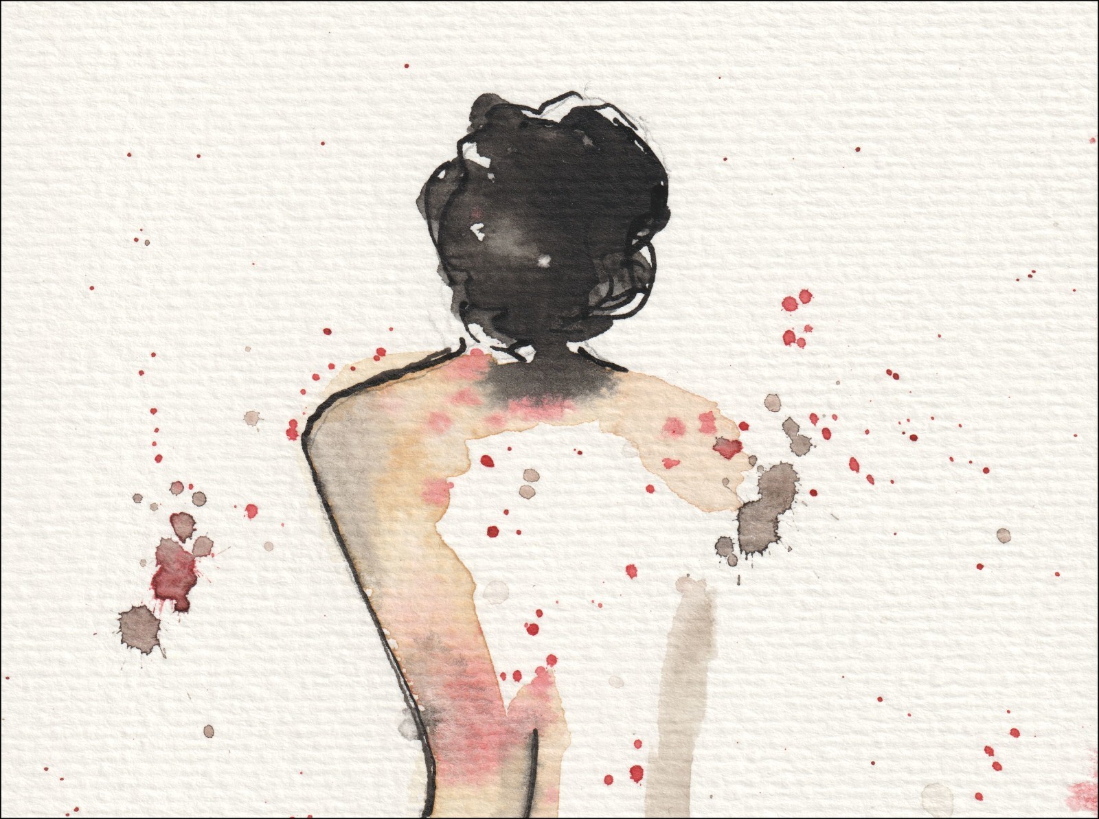Executed from a direct, back-facing vantage point, this original wash and ink creation isolates the elegant contours of a full-length standalone silhouette.
