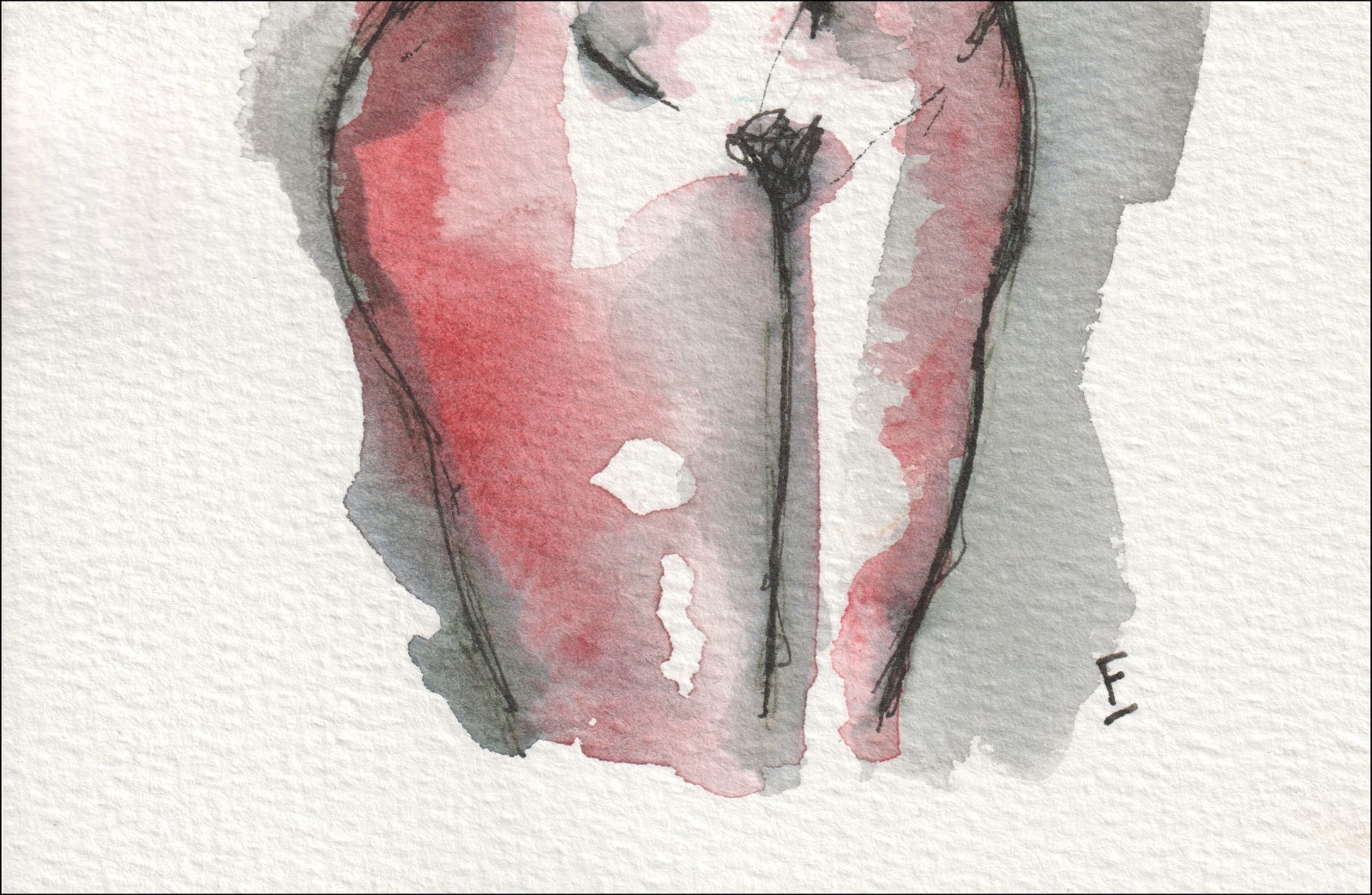 Presented in a front-facing alignment with raised arms, this original wash and ink piece investigates classical figurative structure through a full torso silhouette.