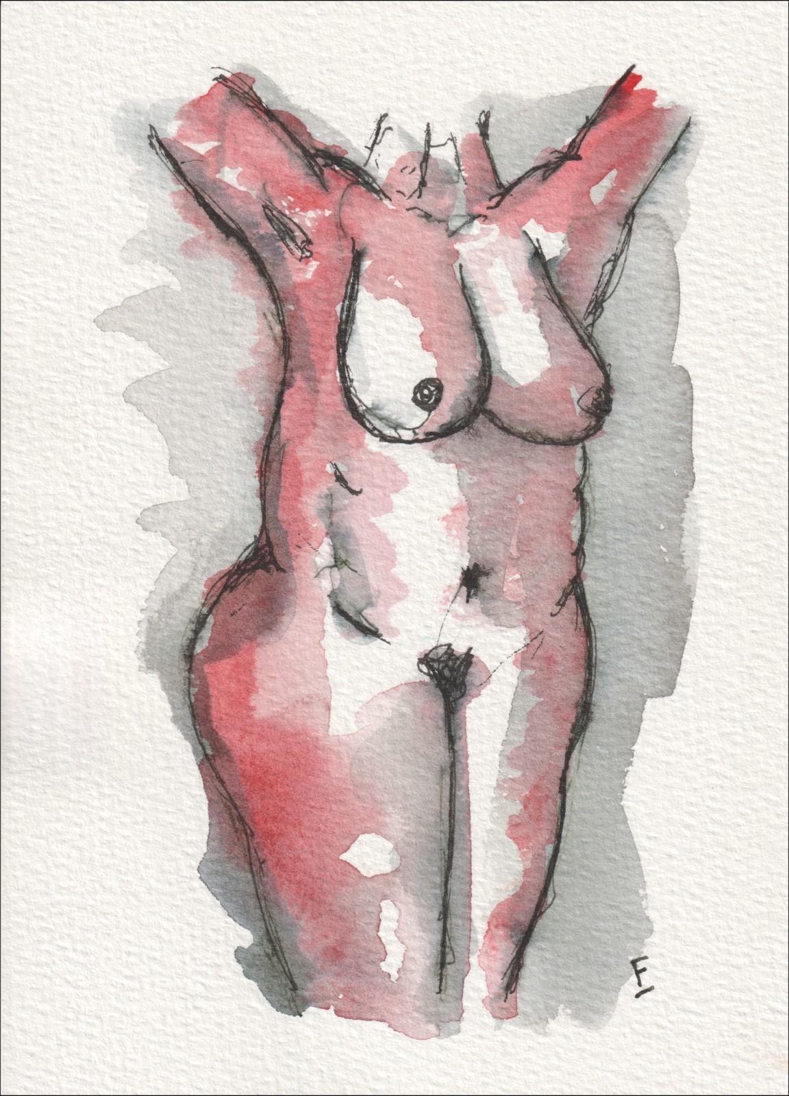 Presented in a front-facing alignment with raised arms, this original wash and ink piece investigates classical figurative structure through a full torso silhouette.
